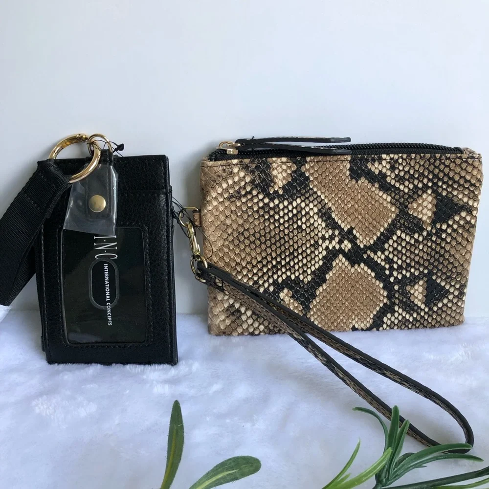 INC International Concepts Wristlet & Card Case Lanyard Camel Snake, NWT